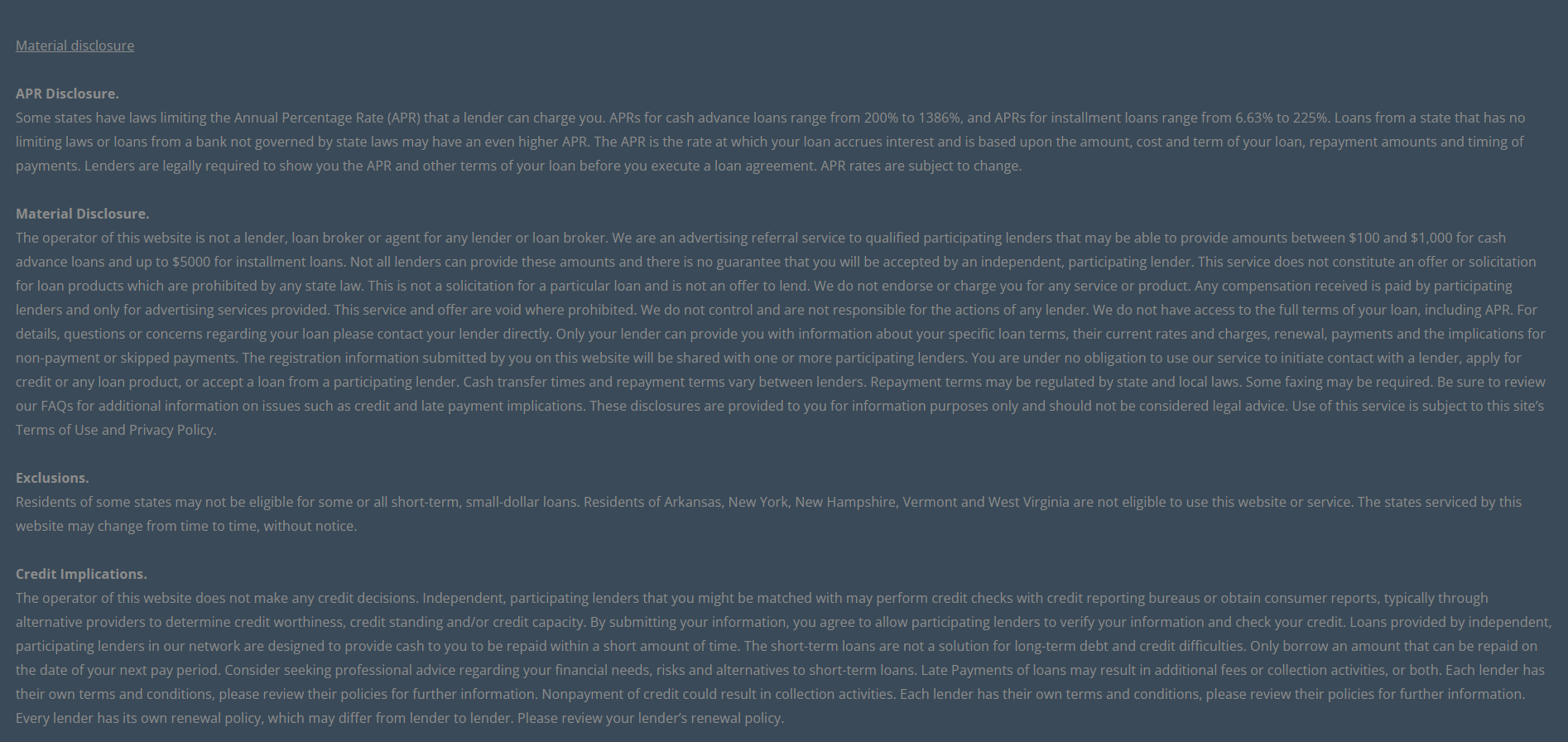 Material disclosure for payday loans in Elgin Illinois